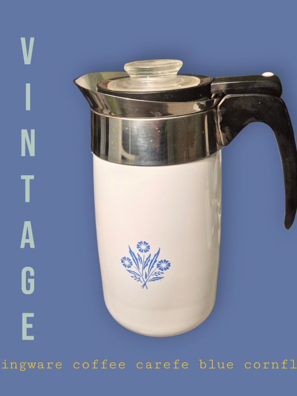 Vintage Electric Corning Ware Blue Cornflower 10 Cup Carafe Pot Glass Lid White